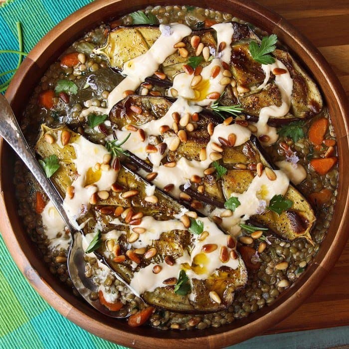 Roasted Eggplant With Tahini, Pine Nuts, and Lentils